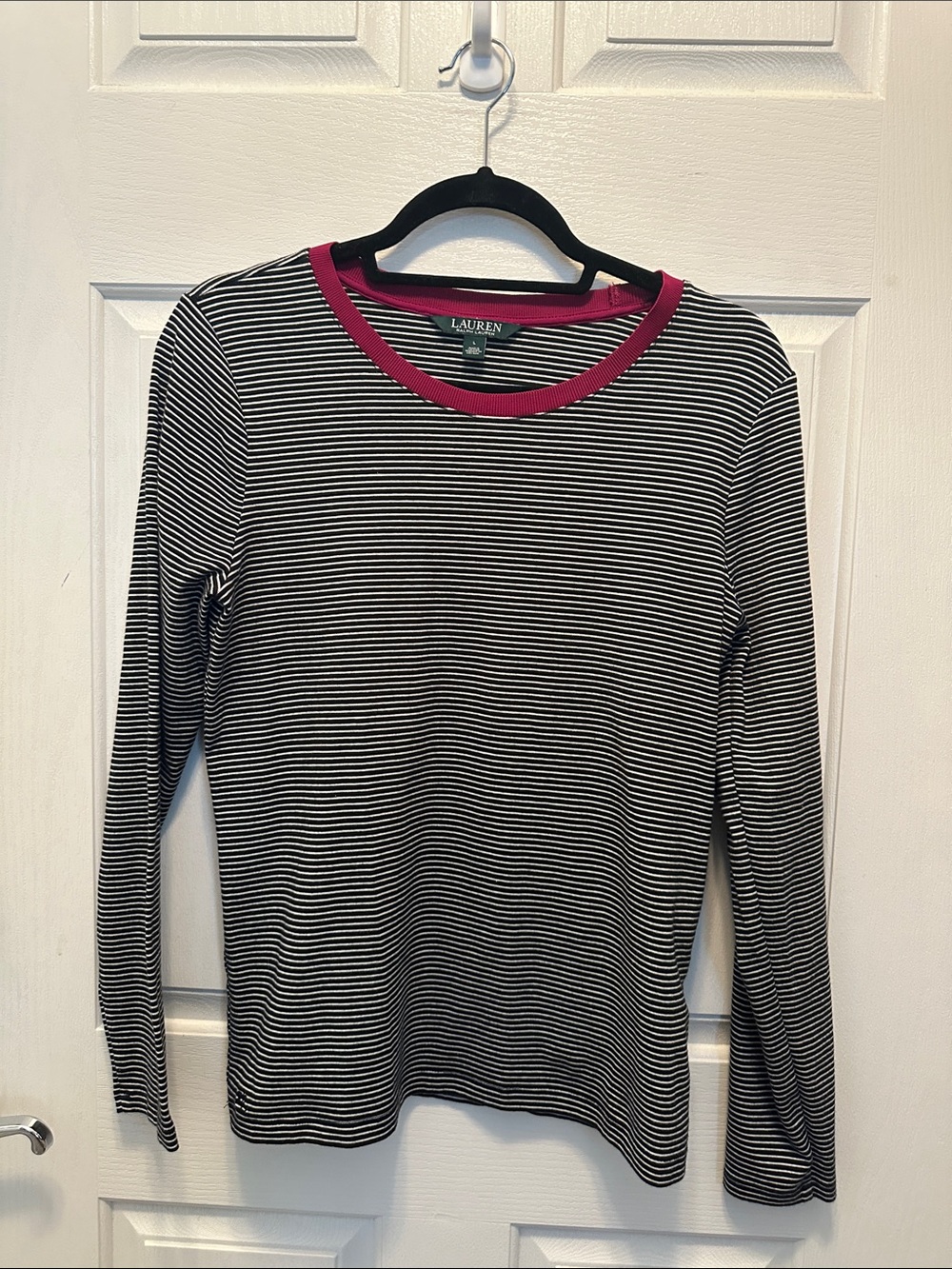 Lauren Ralph Lauren Black & White Striped Long-Sleeve Tee with Pink Neckline